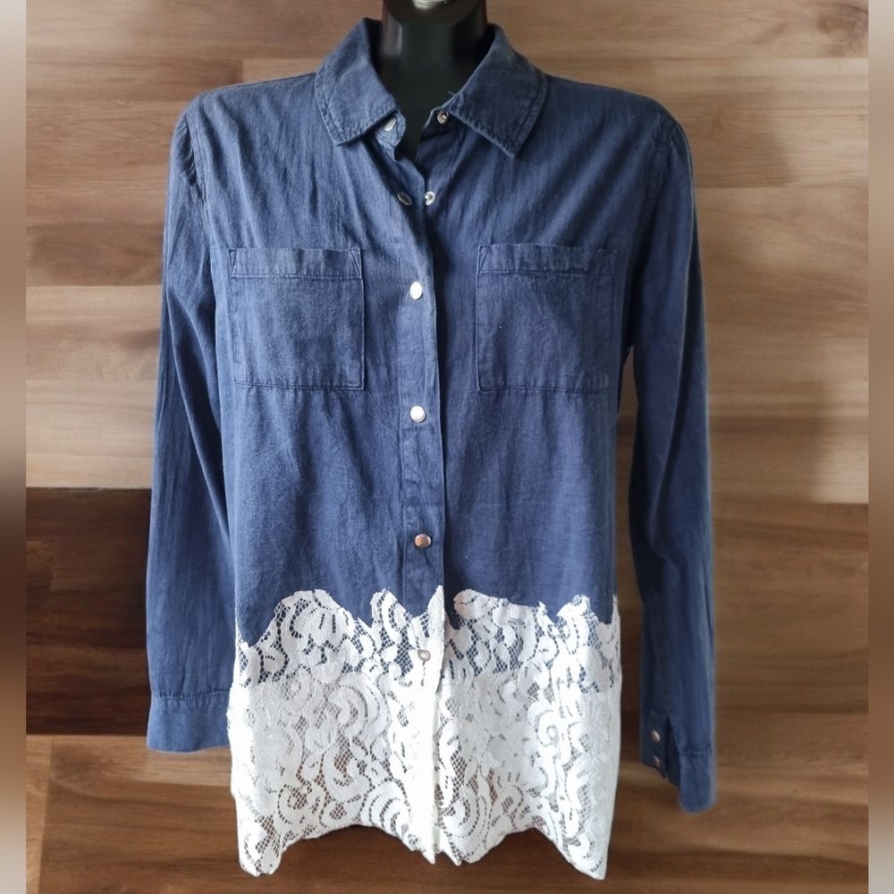 D&KADE Dark Denim & White Lace Long Sleeve Jean Shirt